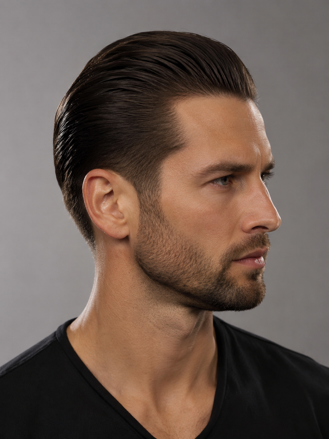 slicked back haircut with combed top and clean sides