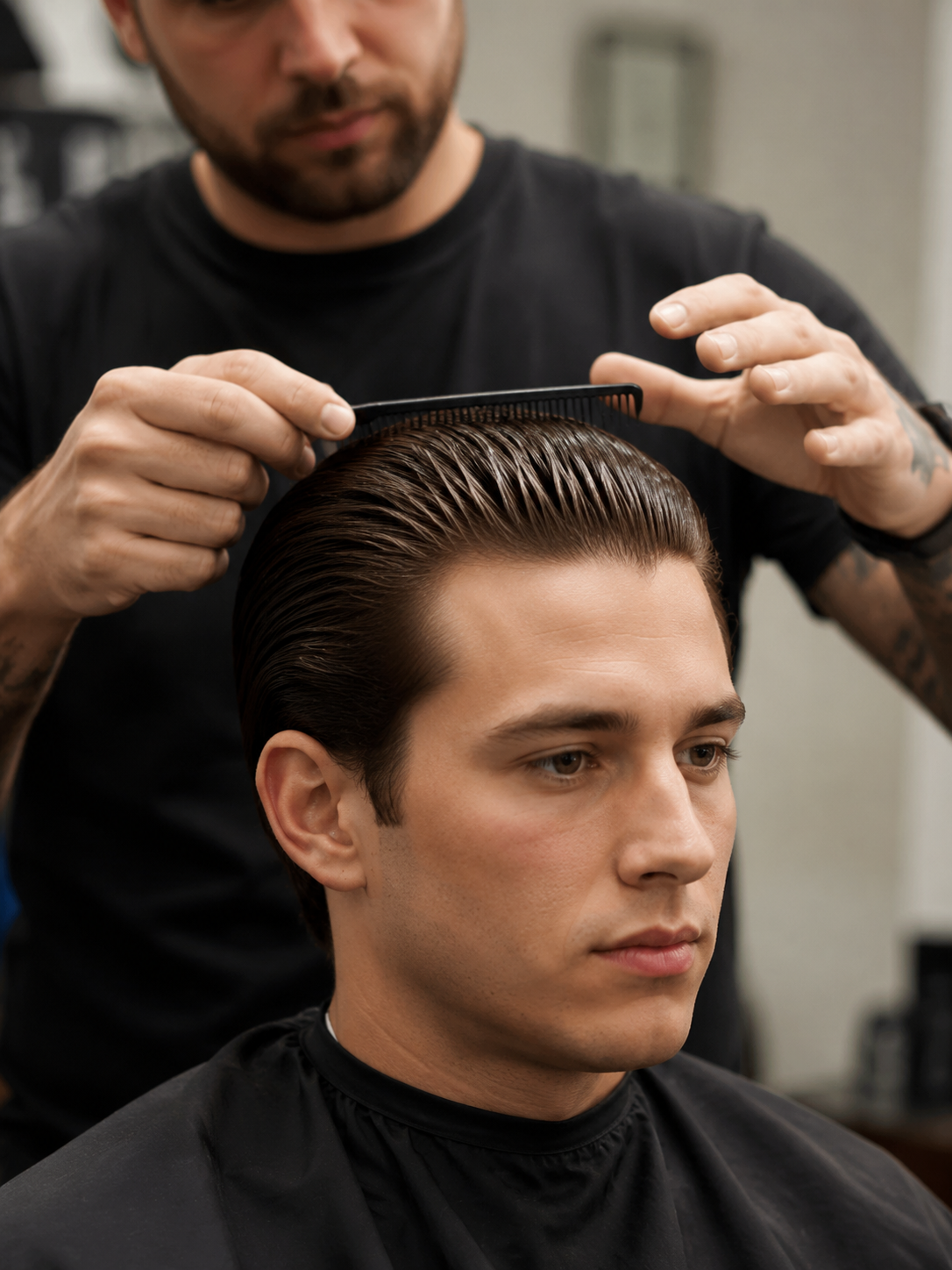 styling slicked back hair with comb and pomade