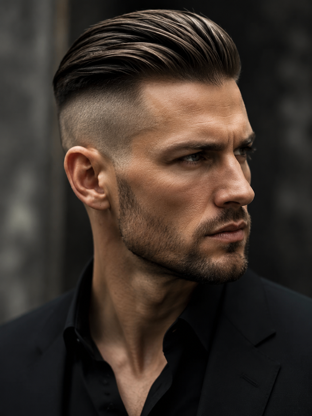 slicked back undercut with strong contrast