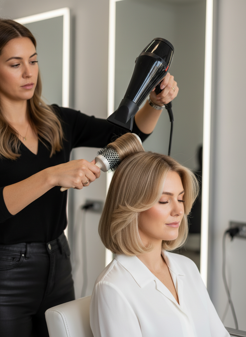 styling a soft bob haircut with a brush and smooth finish