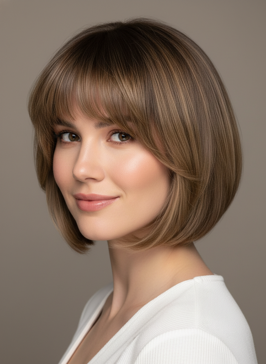 soft bob with bangs and blended face framing pieces