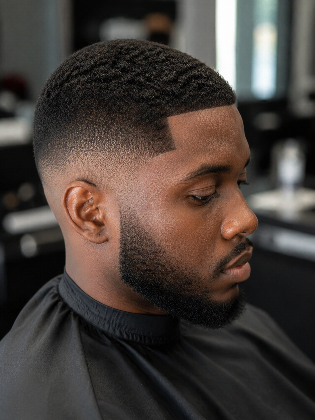 taper fade black male with lineup and coils