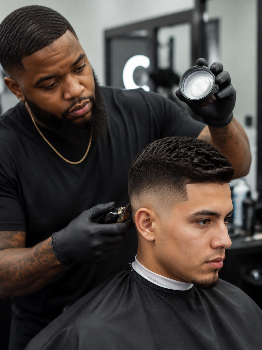 styling a taper fade haircut at the barber