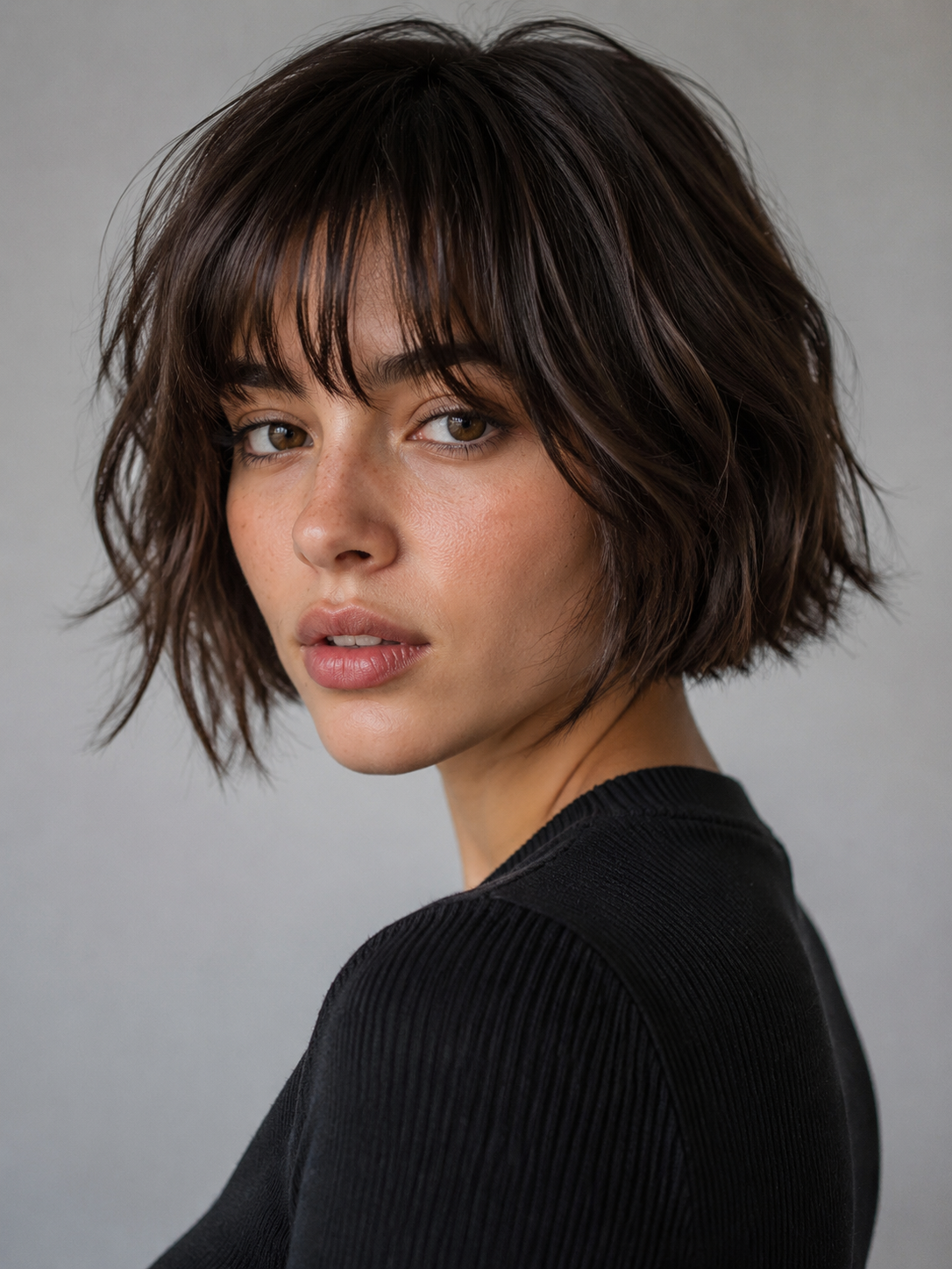 textured bob with soft bangs and piecey bob ends