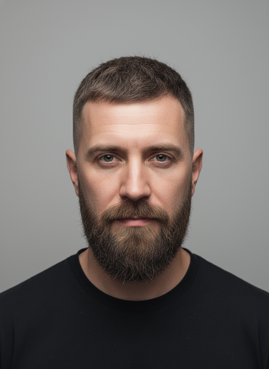 textured buzz cut paired with a beard
