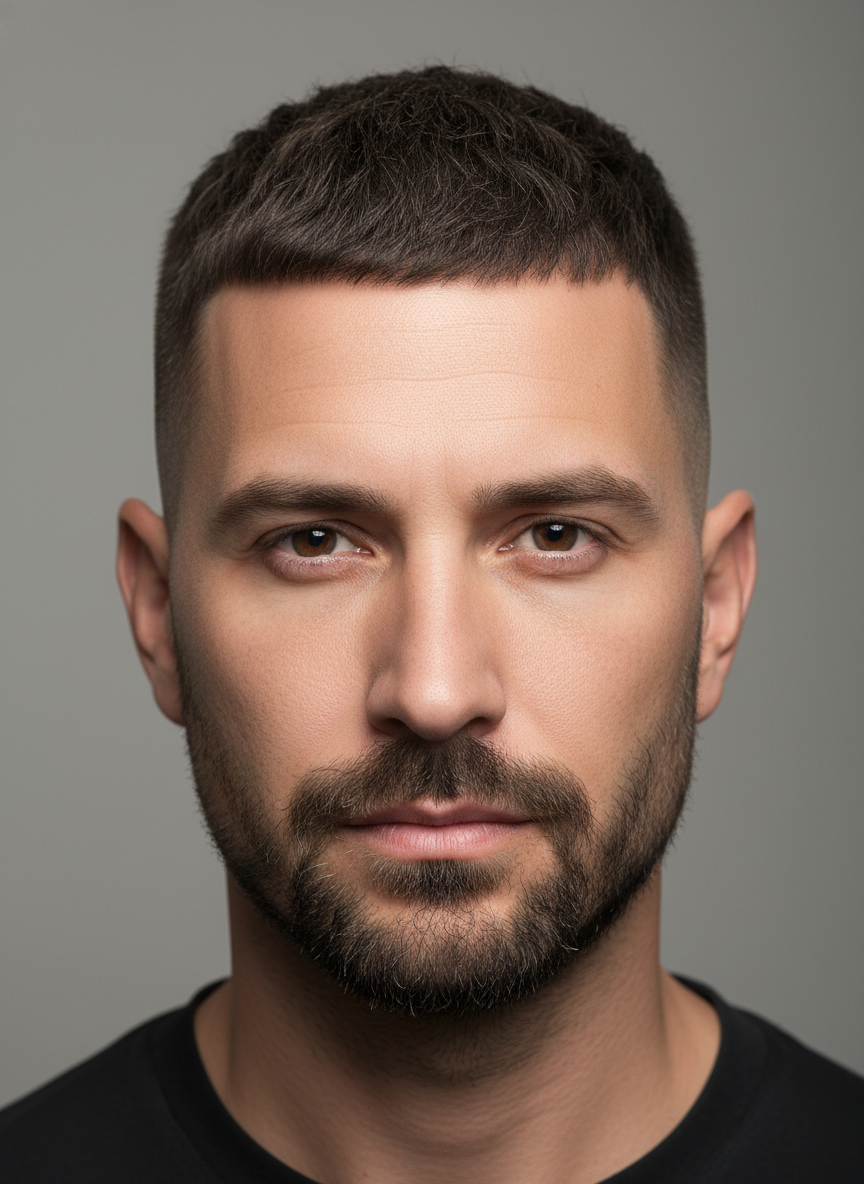 textured buzz cut with short piecey top and clean sides