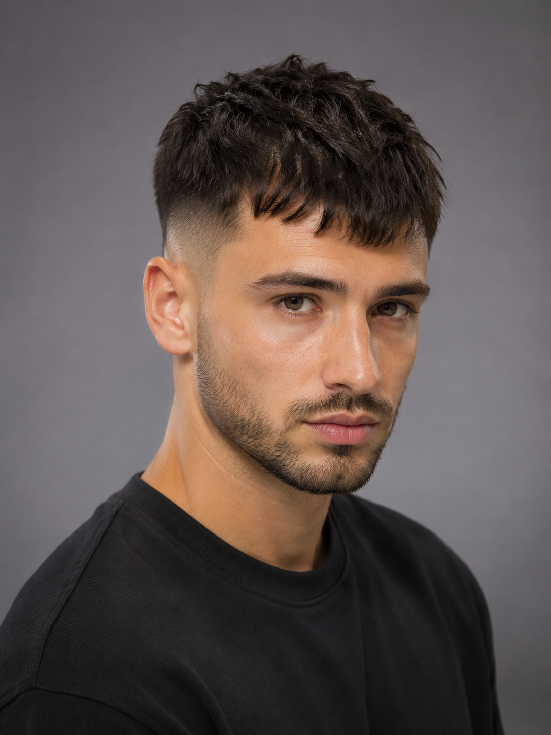 textured crop haircut with choppy fringe and faded sides