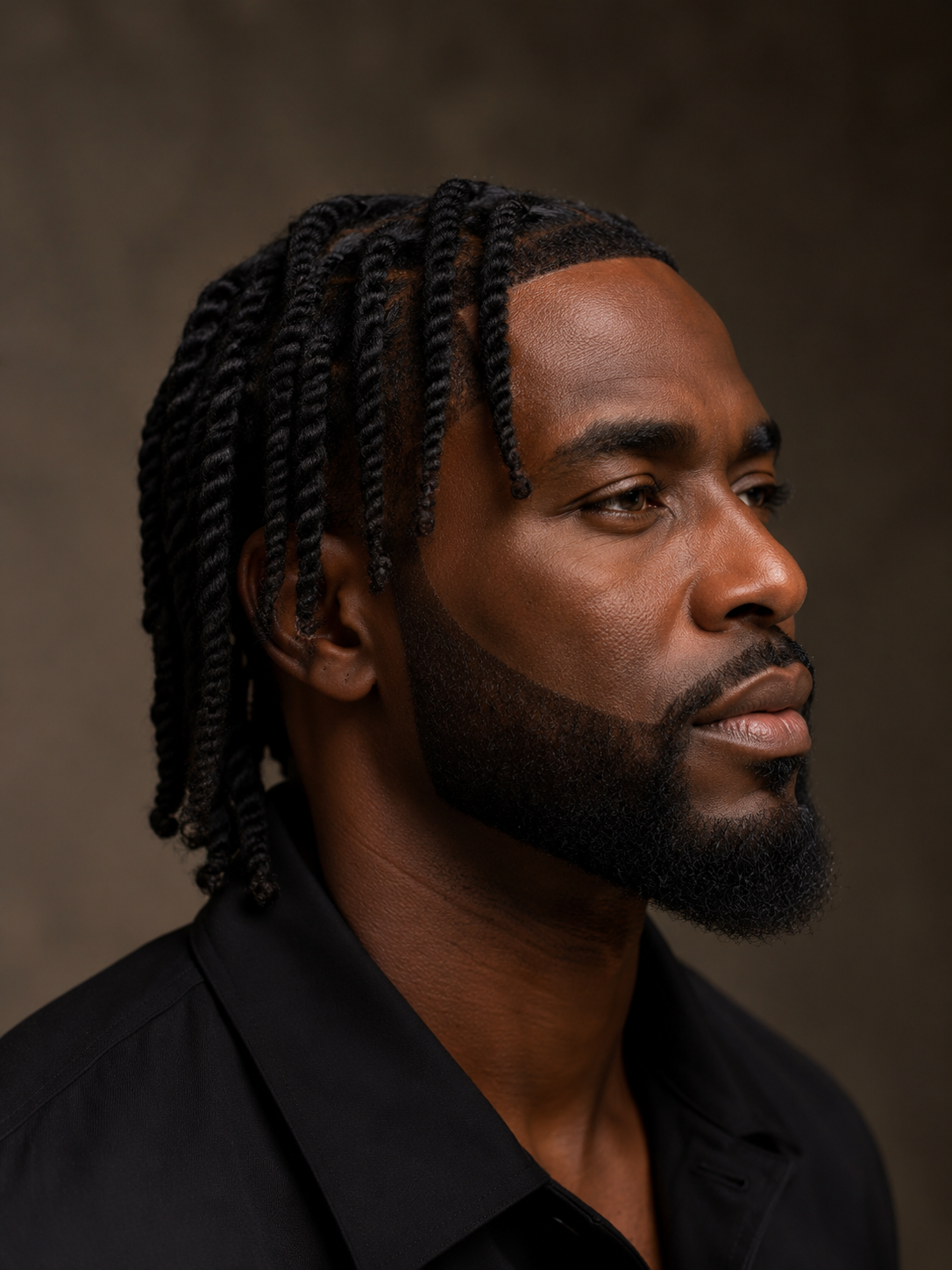 two strand twists paired with a shaped beard