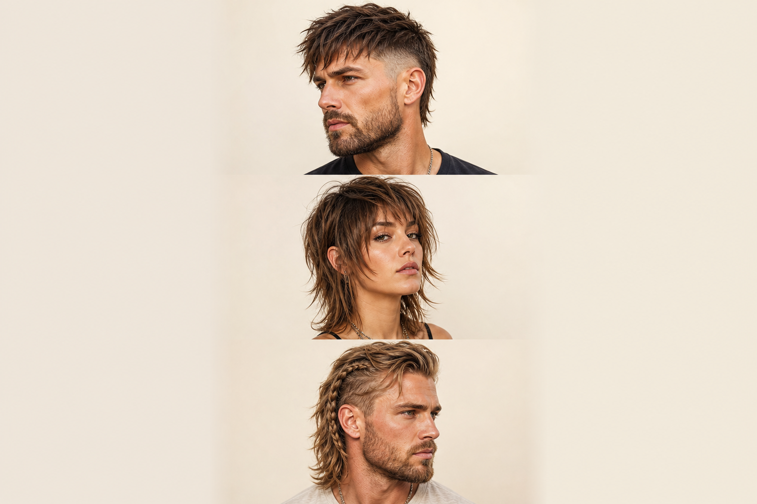 warrior cut hairstyle ideas for men and women including modern textured, feminine layered, and Viking-inspired styles