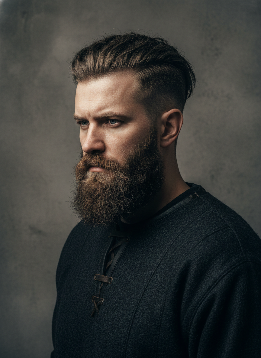 viking inspired warrior cut with long hair and shaved sides