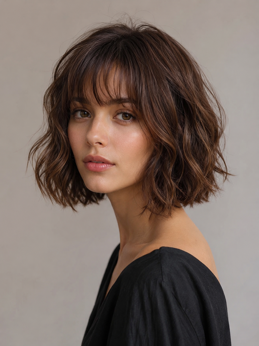 wavy bob with bangs and soft wave texture through the body