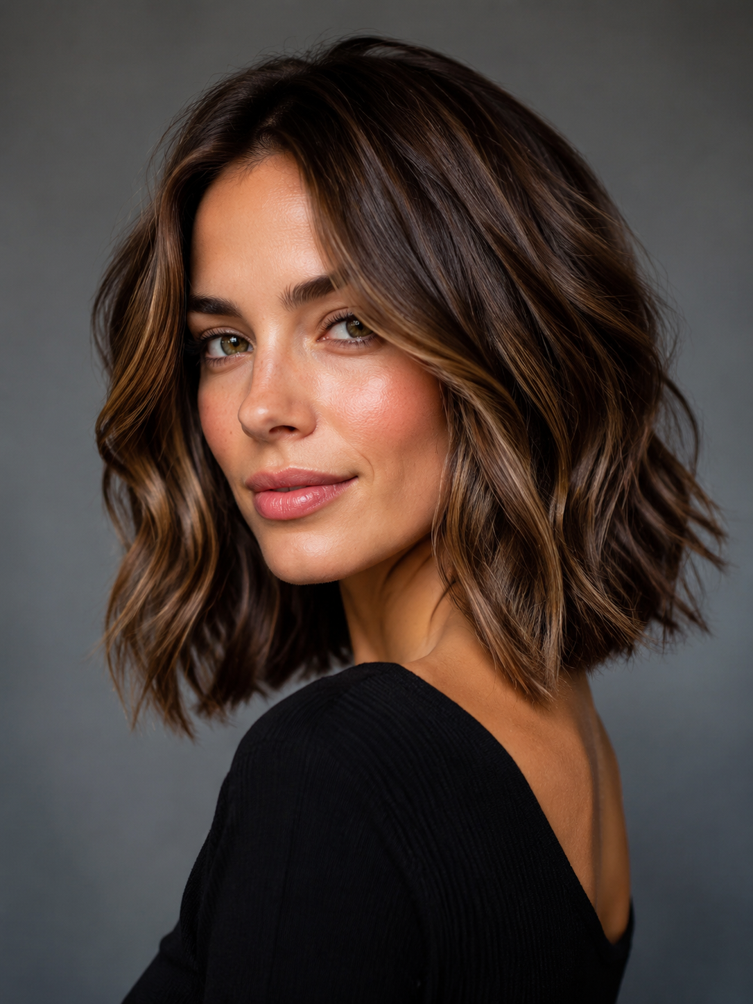 shoulder length wavy bob with soft waves resting near shoulders