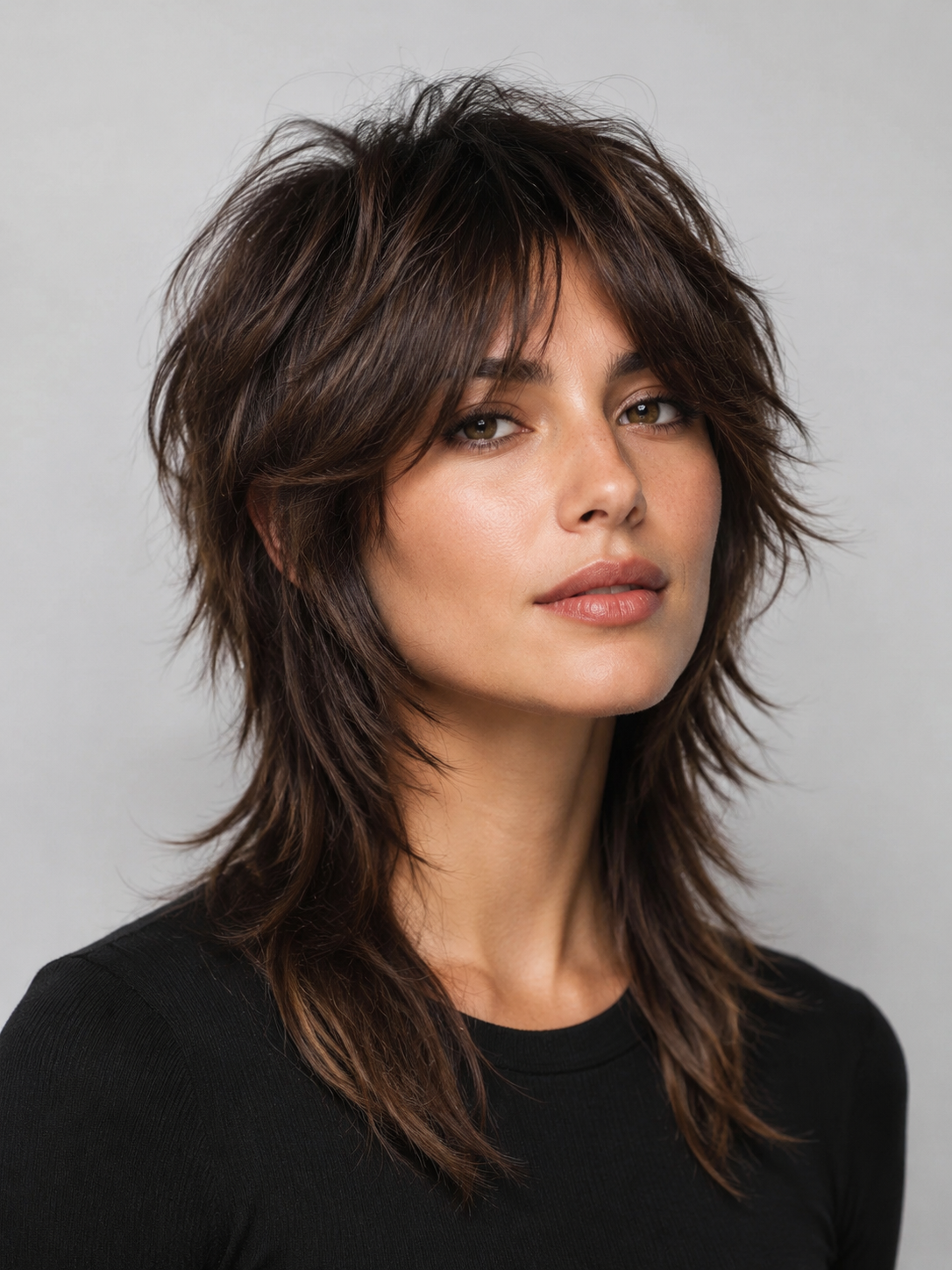 women's wolf cut with shaggy layers and curtain bangs