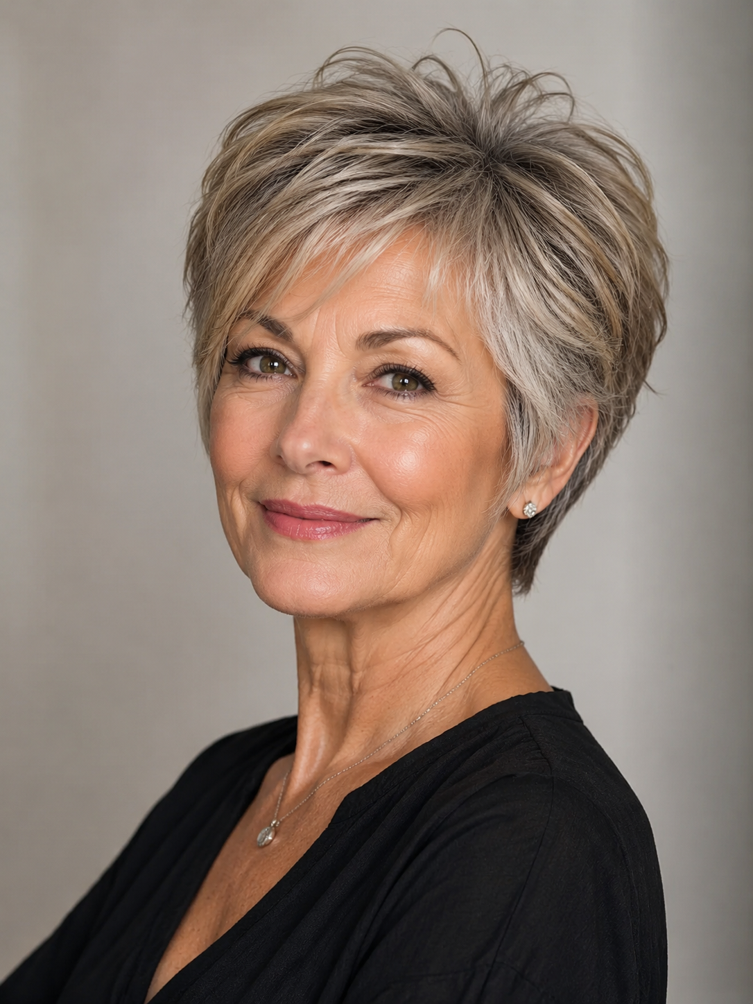 bixie cut hairstyle for women over 50 with soft crown lift