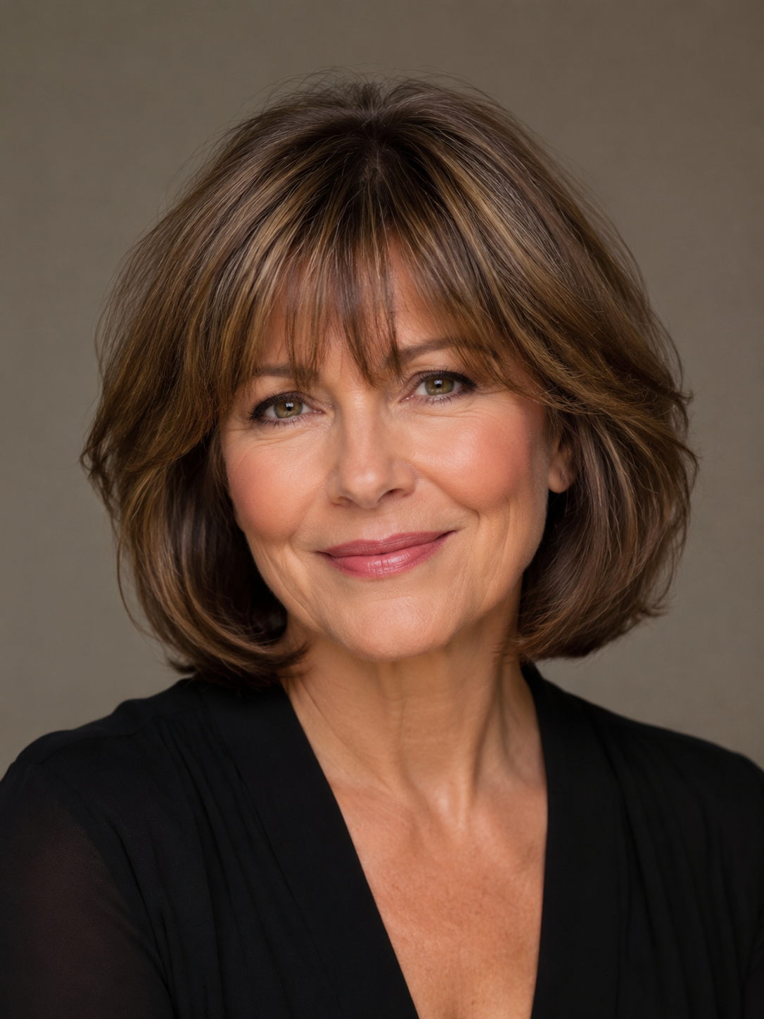 medium bob with bangs hairstyle for women over 50 with soft fringe